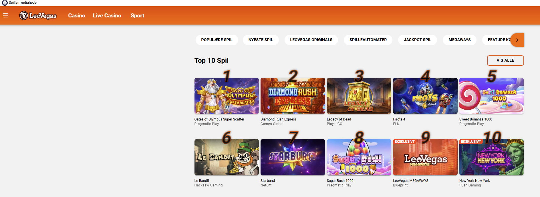 LeoVegas lobby screenshot